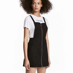 H&M Faux Suede Zip Up Jumper Pinafore Overall Mini Dress Black (4)